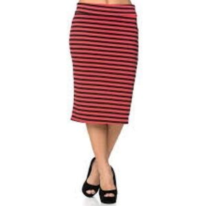 NWT Lularoe Cassie Black & Coral Stripe Pencil Skirt sz M
